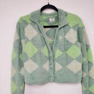 Cotton On Fuzzy Cardigan Argyle L Green Plush Cropped Academia Grunge Preppy